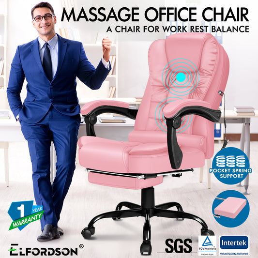 ELFORDSON Massage Office Chair with Footrest Executive Gaming Seat Leather Pink