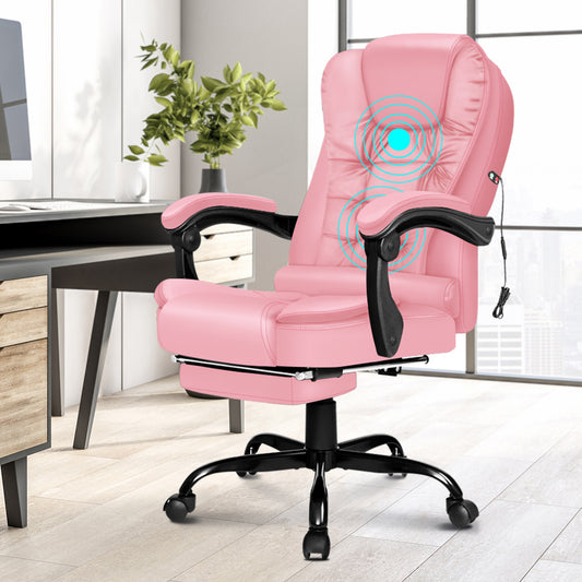 ELFORDSON Massage Office Chair with Footrest Executive Gaming Seat Leather Pink