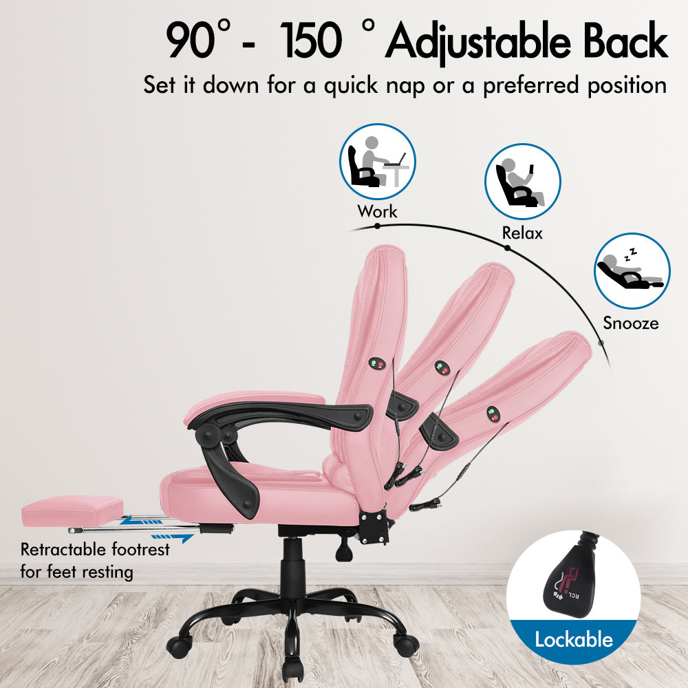 ELFORDSON Massage Office Chair with Footrest Executive Gaming Seat Leather Pink