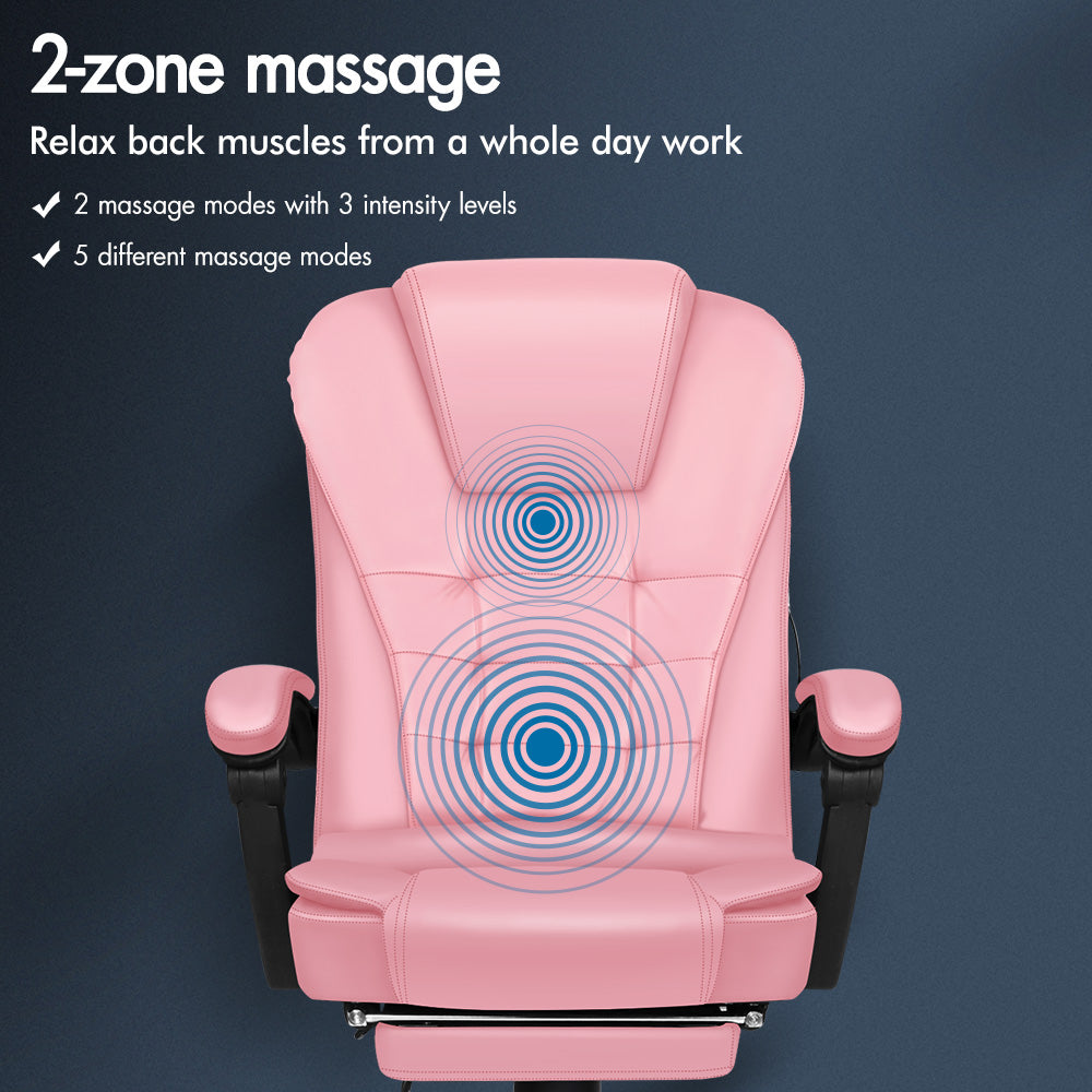 ELFORDSON Massage Office Chair with Footrest Executive Gaming Seat Leather Pink