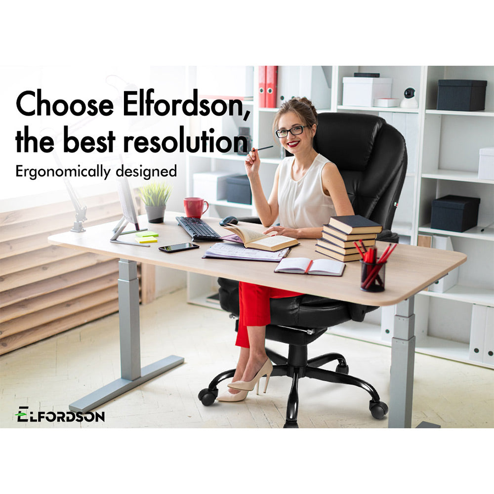 ELFORDSON Massage Office Chair with Footrest Executive Gaming Seat Leather Black