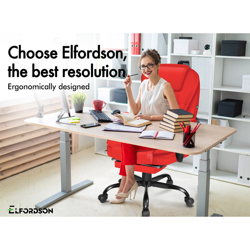 ELFORDSON Massage Office Chair with Footrest Executive Gaming Seat Leather Red