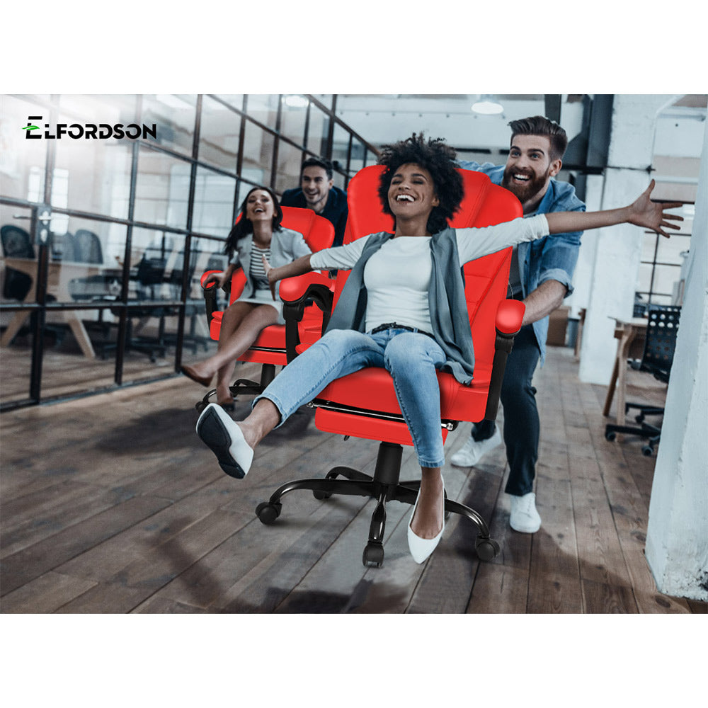 ELFORDSON Massage Office Chair with Footrest Executive Gaming Seat Leather Red