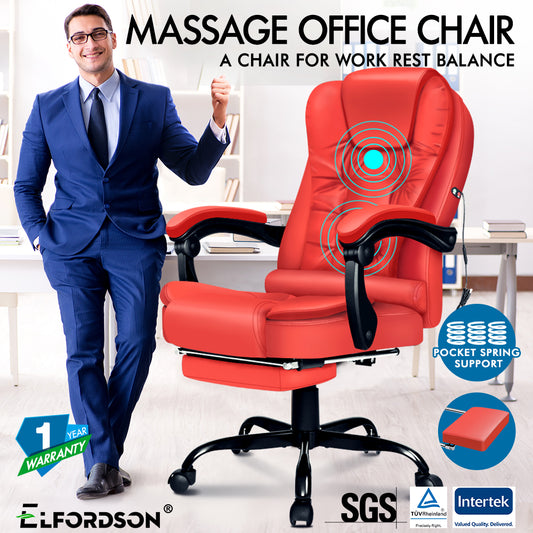 ELFORDSON Massage Office Chair with Footrest Executive Gaming Seat Leather Red