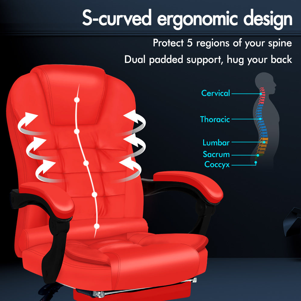 ELFORDSON Massage Office Chair with Footrest Executive Gaming Seat Leather Red