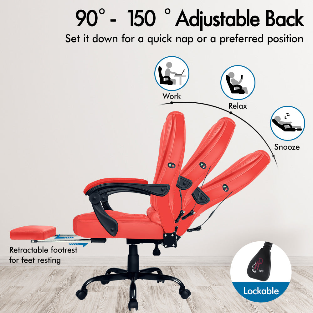 ELFORDSON Massage Office Chair with Footrest Executive Gaming Seat Leather Red