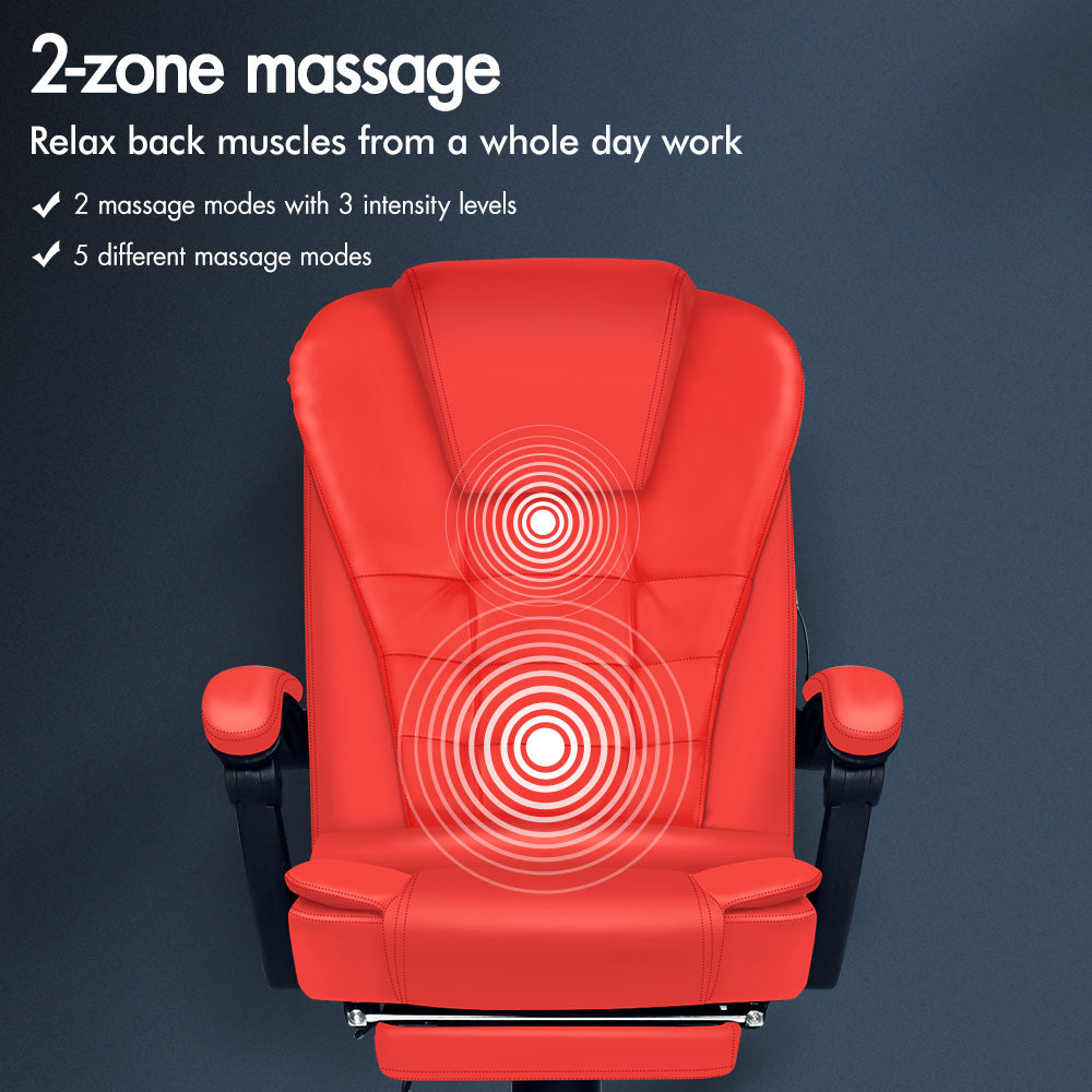ELFORDSON Massage Office Chair with Footrest Executive Gaming Seat Leather Red