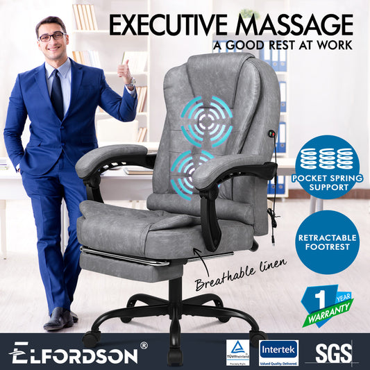 ELFORDSON Massage Office Chair with Footrest Executive Gaming Seat Upgraded Pull-up PU Leather, Vintage Grey
