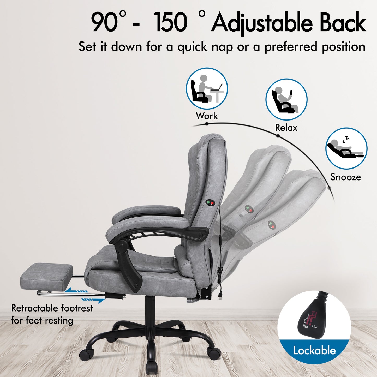 ELFORDSON Massage Office Chair with Footrest Executive Gaming Seat Upgraded Pull-up PU Leather, Vintage Grey