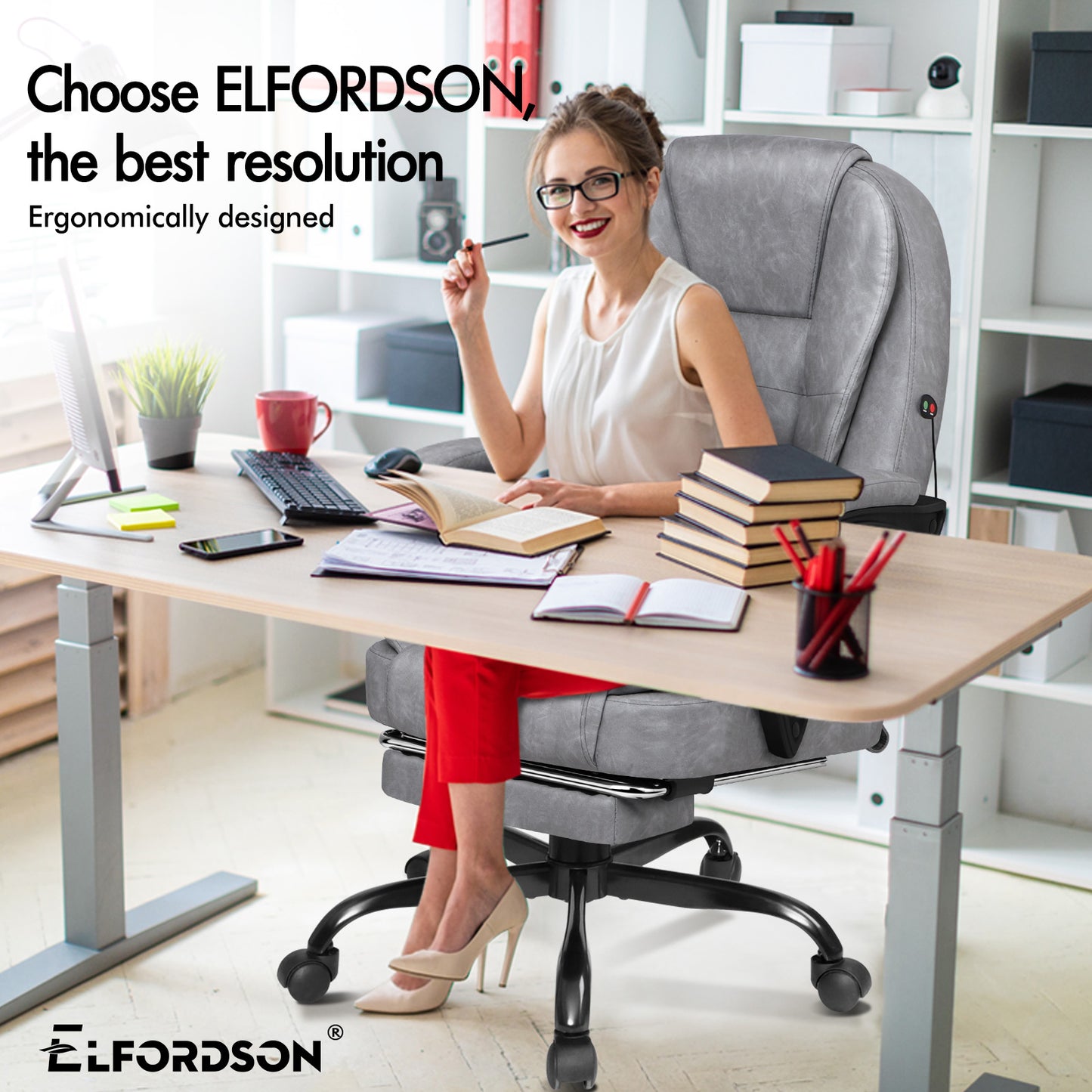 ELFORDSON Massage Office Chair with Footrest Executive Gaming Seat Upgraded Pull-up PU Leather, Vintage Grey