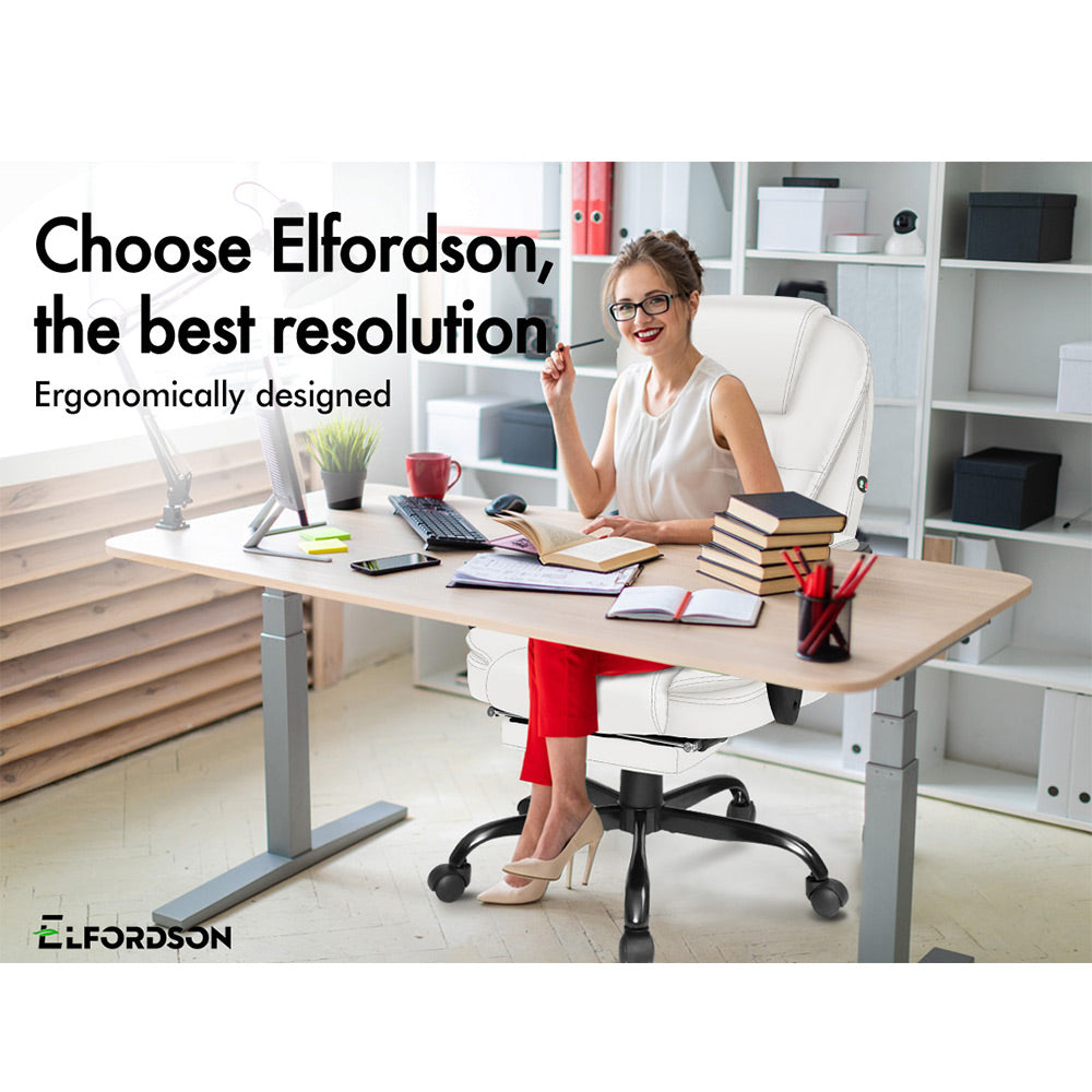 ELFORDSON Massage Office Chair with Footrest Executive Gaming Seat Leather White