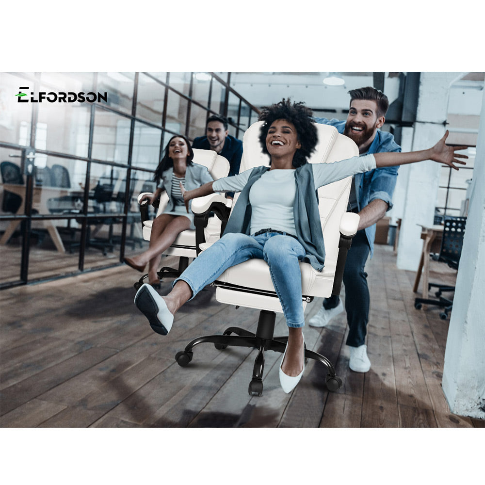 ELFORDSON Massage Office Chair with Footrest Executive Gaming Seat Leather White