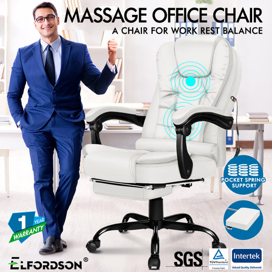 ELFORDSON Massage Office Chair with Footrest Executive Gaming Seat Leather White