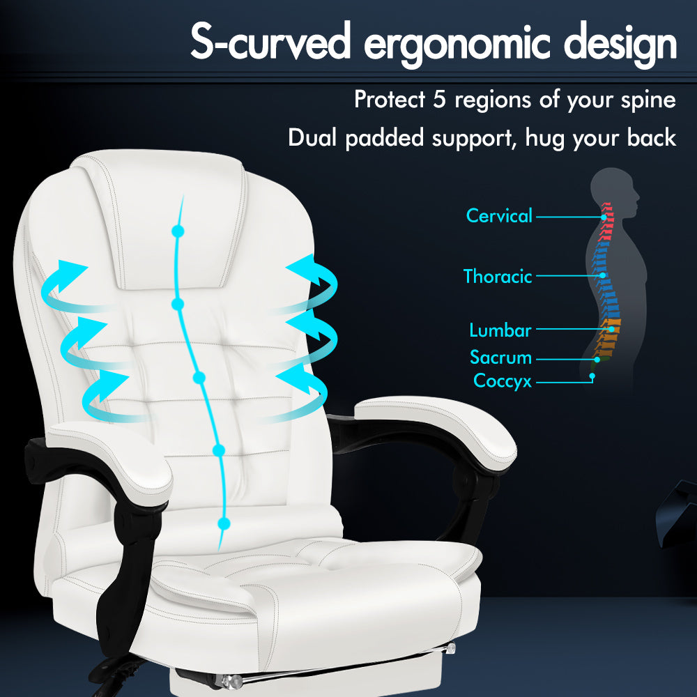 ELFORDSON Massage Office Chair with Footrest Executive Gaming Seat Leather White
