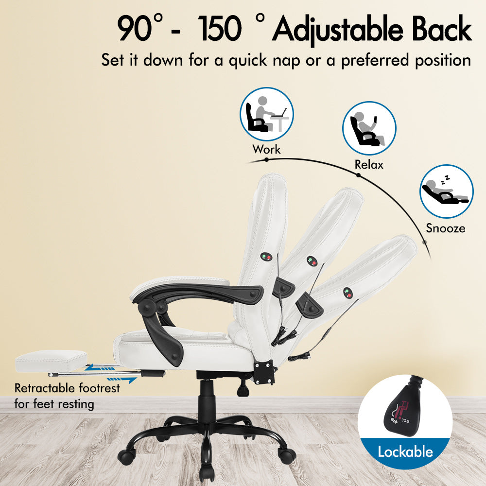 ELFORDSON Massage Office Chair with Footrest Executive Gaming Seat Leather White