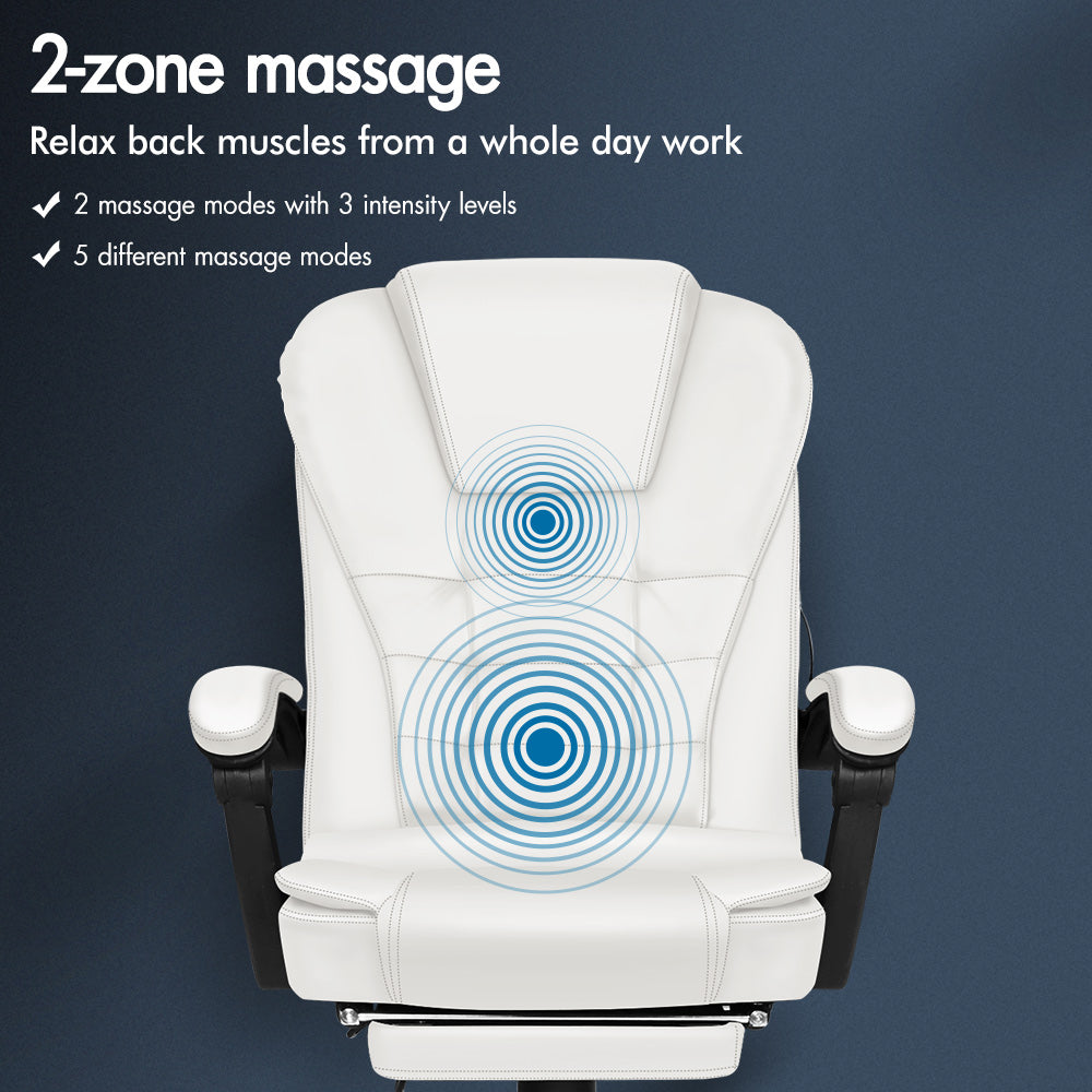 ELFORDSON Massage Office Chair with Footrest Executive Gaming Seat Leather White