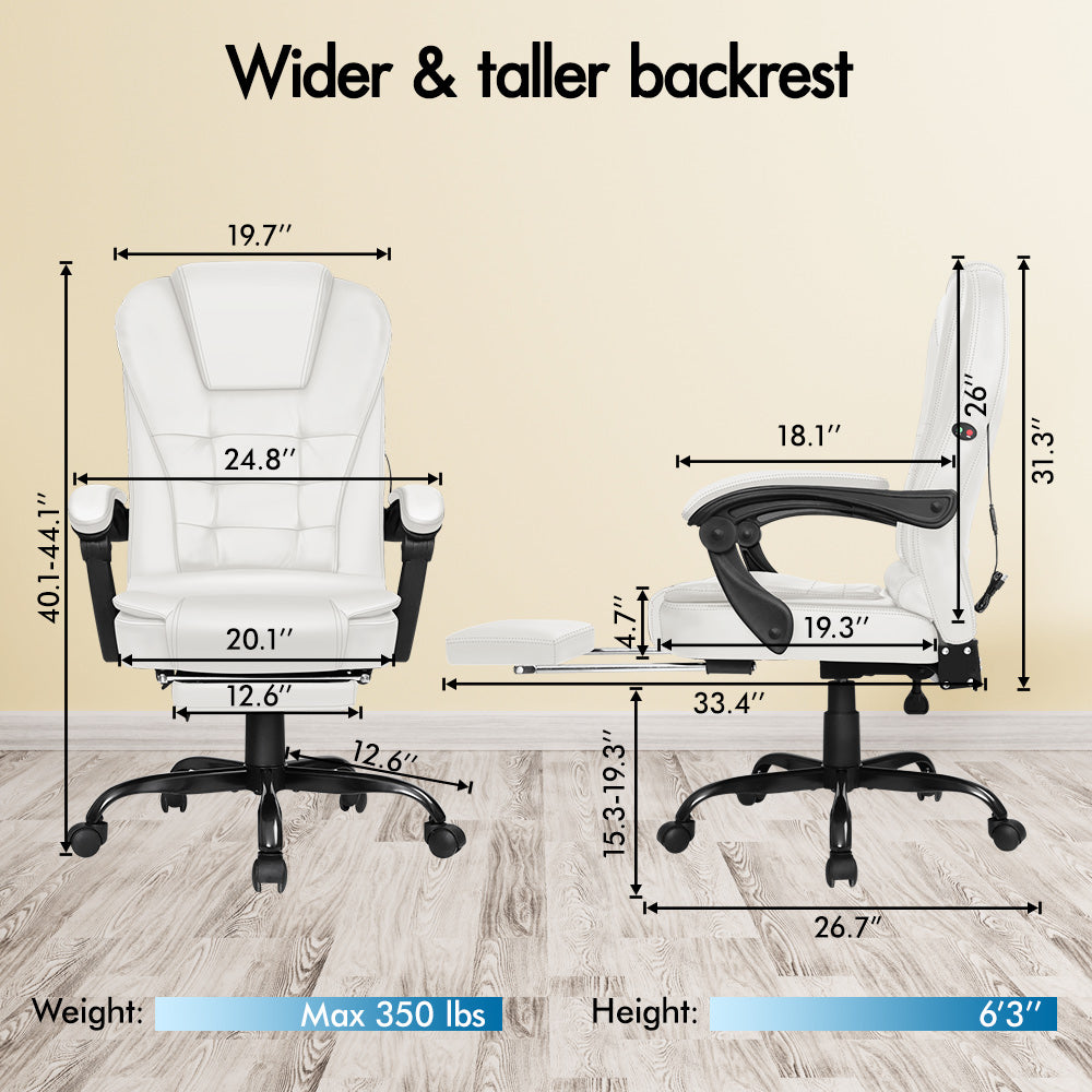 ELFORDSON Massage Office Chair with Footrest Executive Gaming Seat Leather White