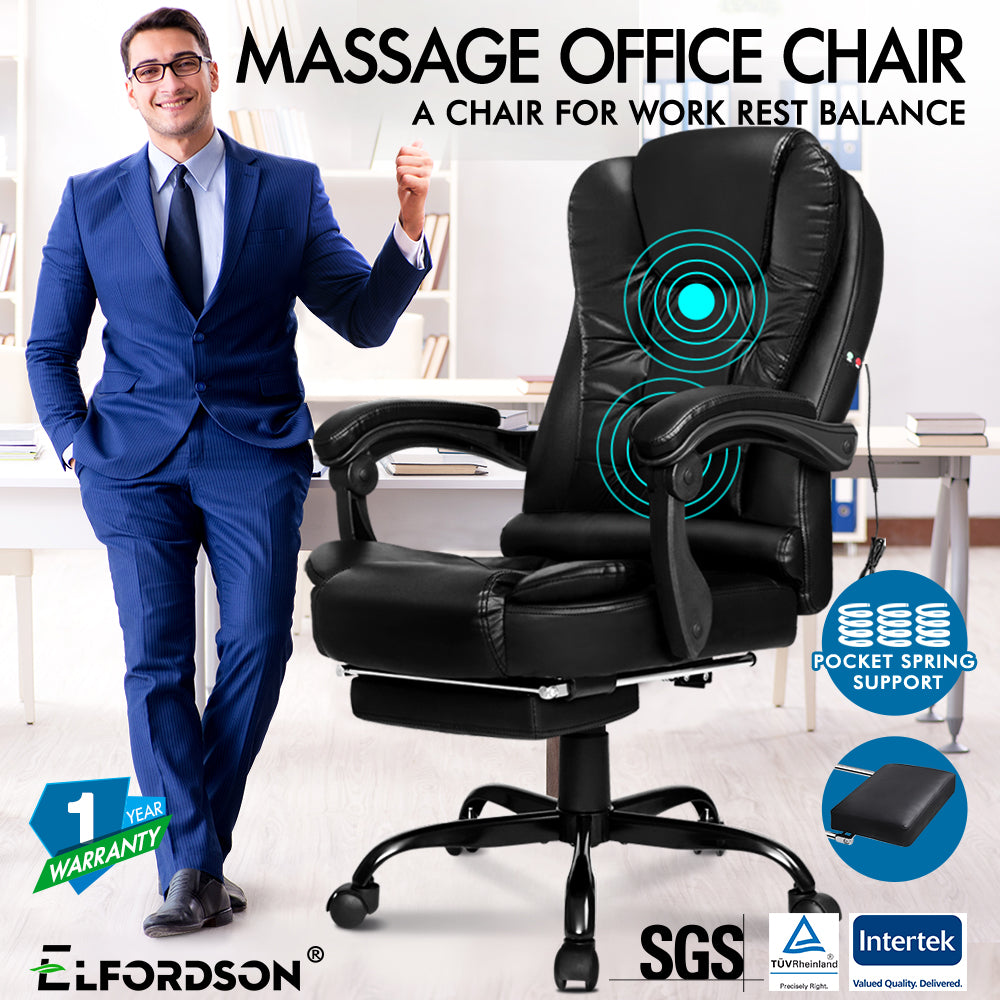 ELFORDSON Massage Office Chair with Footrest Executive Gaming Seat Leather Black