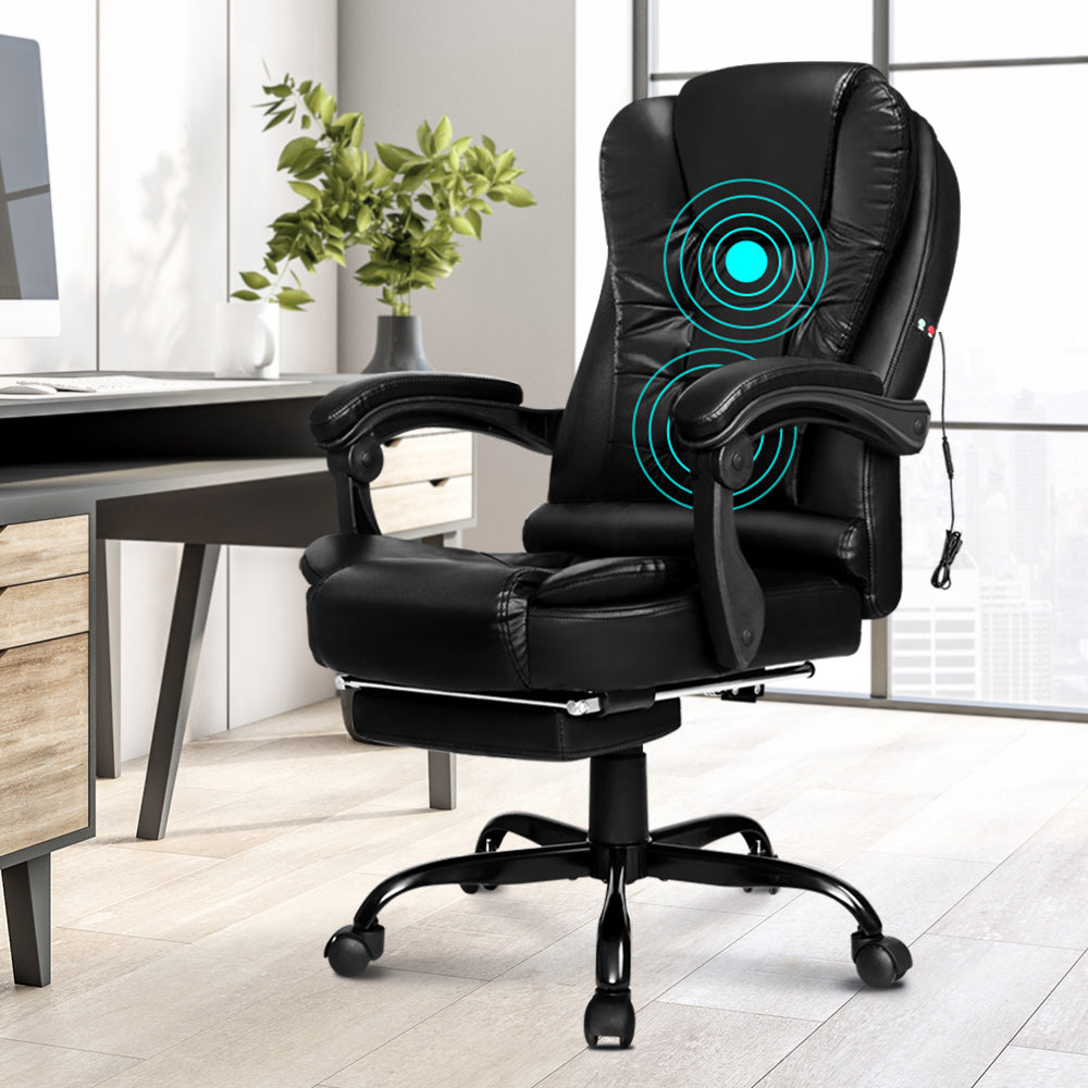ELFORDSON Massage Office Chair with Footrest Executive Gaming Seat Leather Black