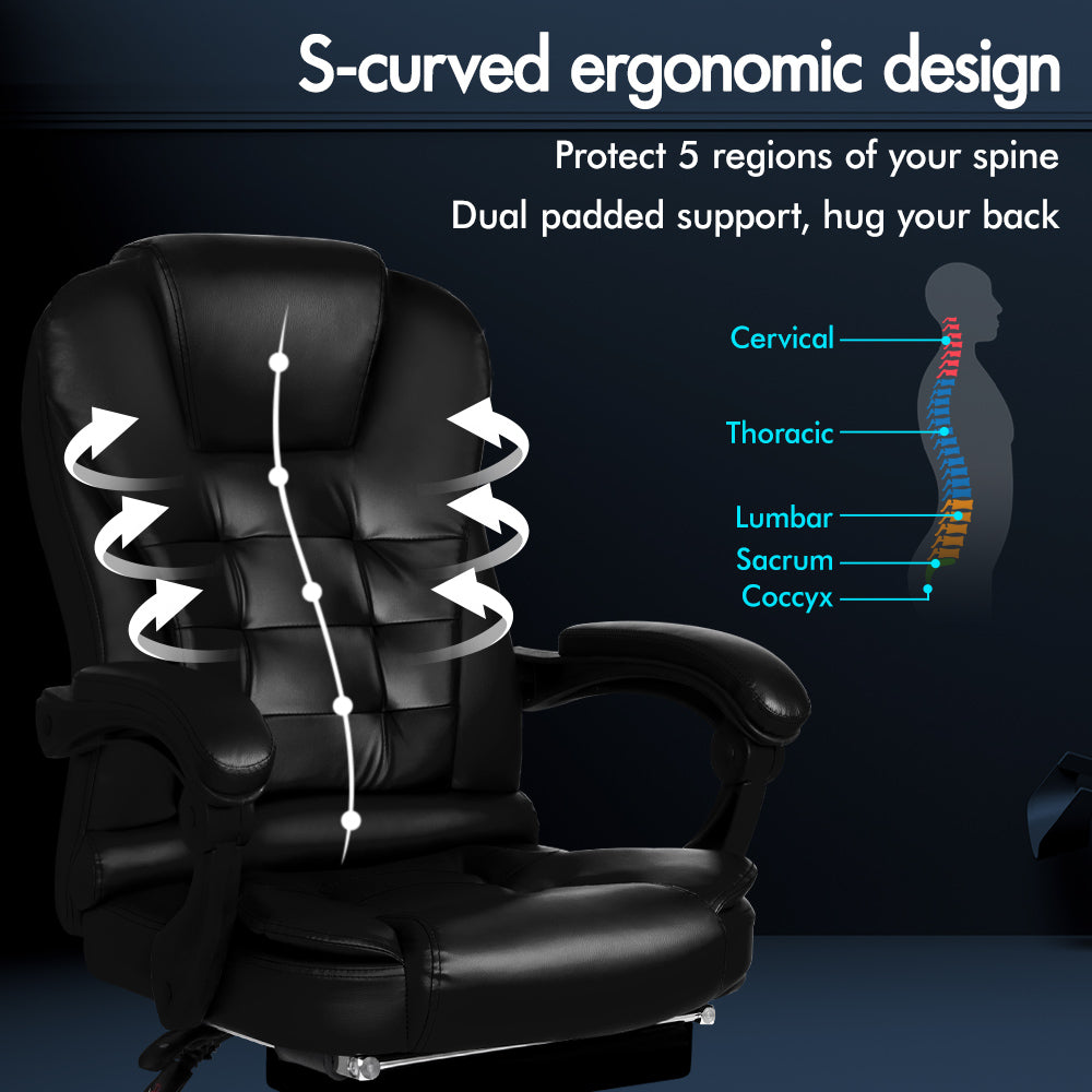 ELFORDSON Massage Office Chair with Footrest Executive Gaming Seat Leather Black