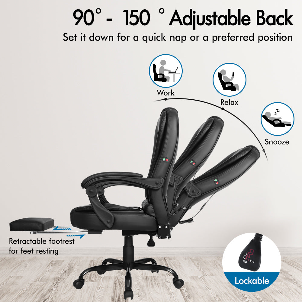 ELFORDSON Massage Office Chair with Footrest Executive Gaming Seat Leather Black