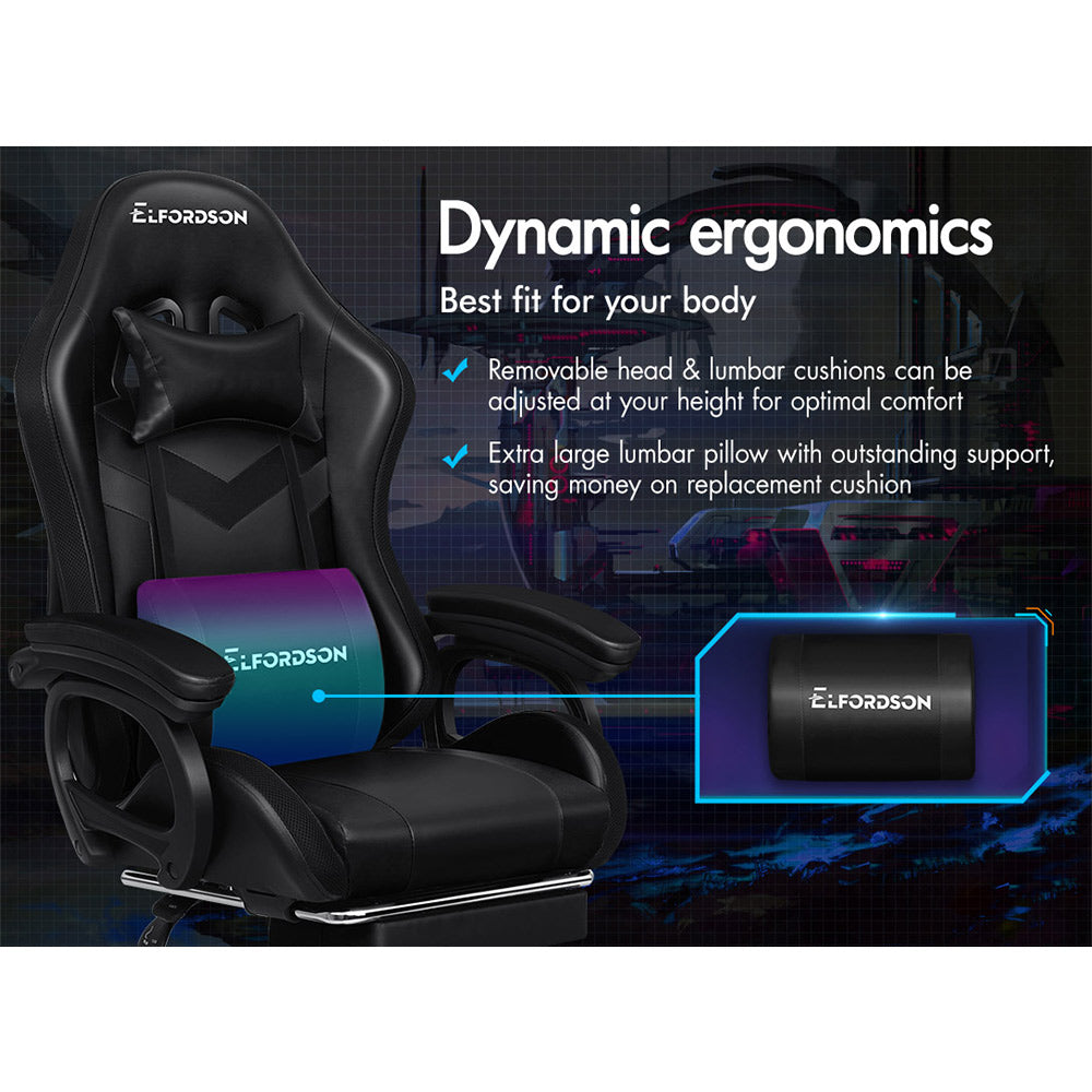 ELFORDSON Gaming Chair with RGB LED Light 8-Point Massage, Black