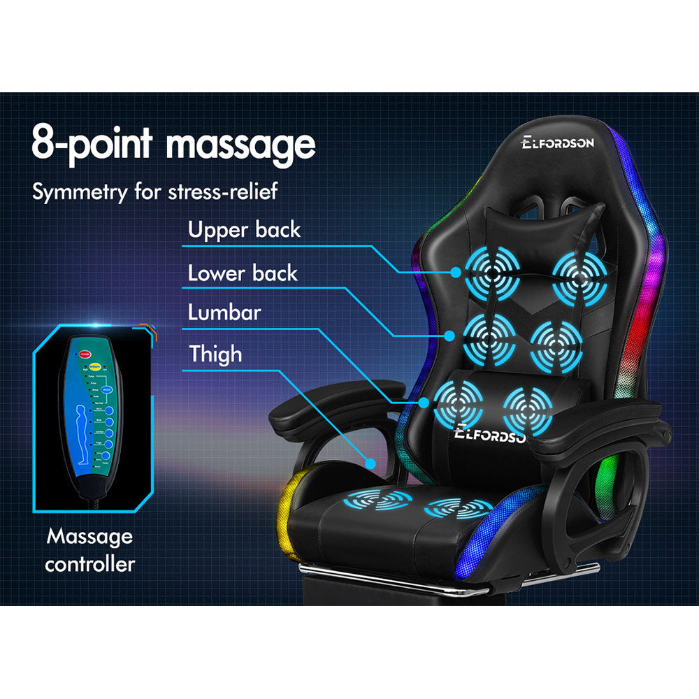 ELFORDSON Gaming Chair with RGB LED Light 8-Point Massage, Black