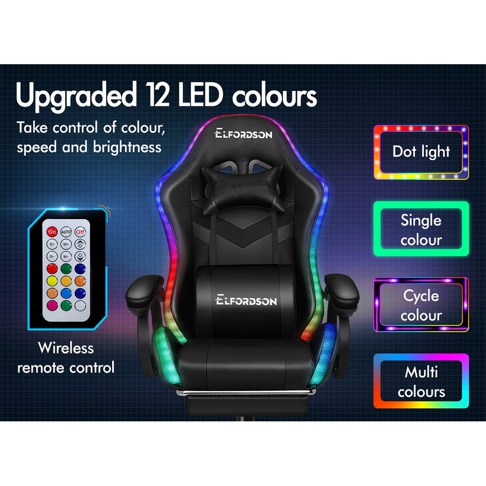 ELFORDSON Gaming Chair with RGB LED Light 8-Point Massage, Black