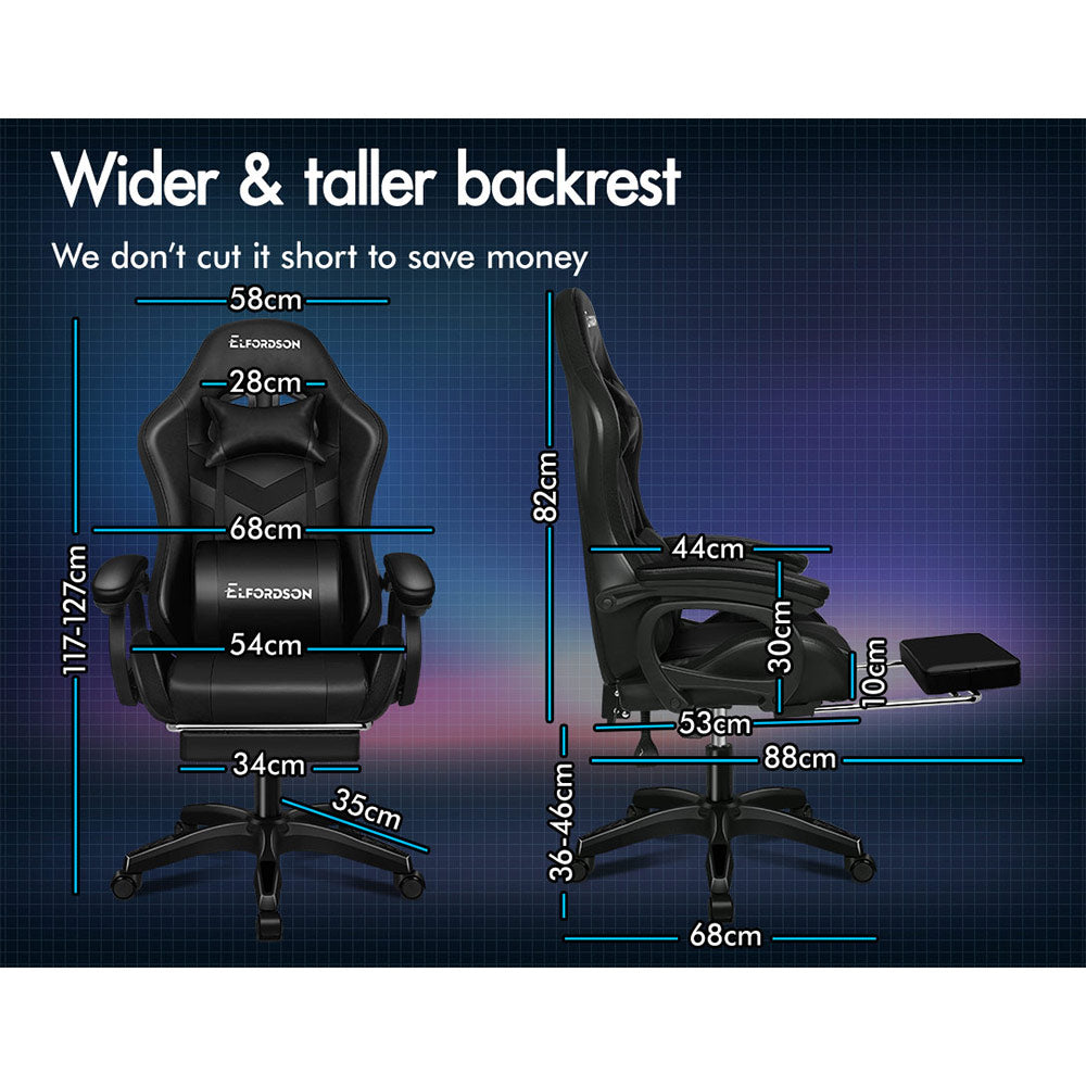 ELFORDSON Gaming Chair with RGB LED Light 8-Point Massage, Black
