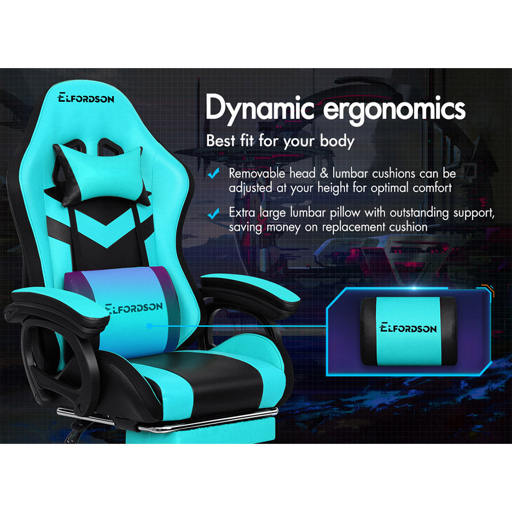 ELFORDSON Gaming Chair with RGB LED Light 8-Point Massage, Cyan & Black