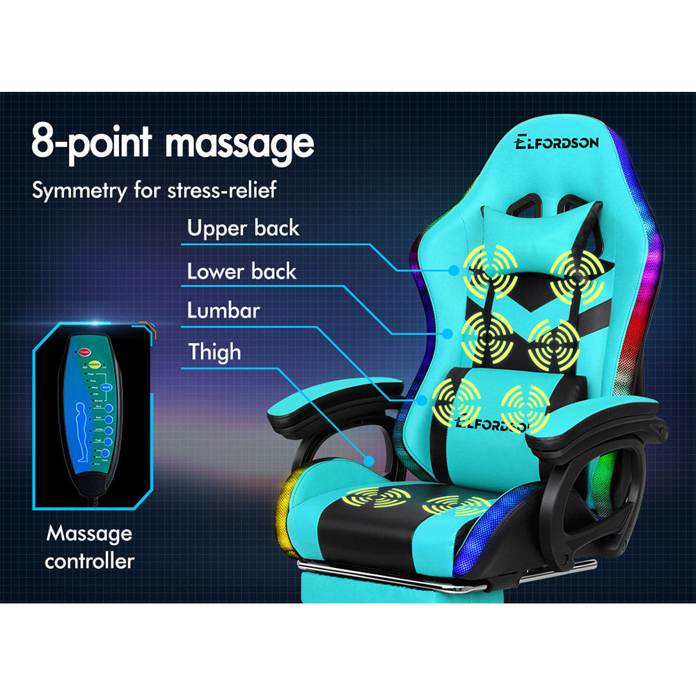 ELFORDSON Gaming Chair with RGB LED Light 8-Point Massage, Cyan & Black