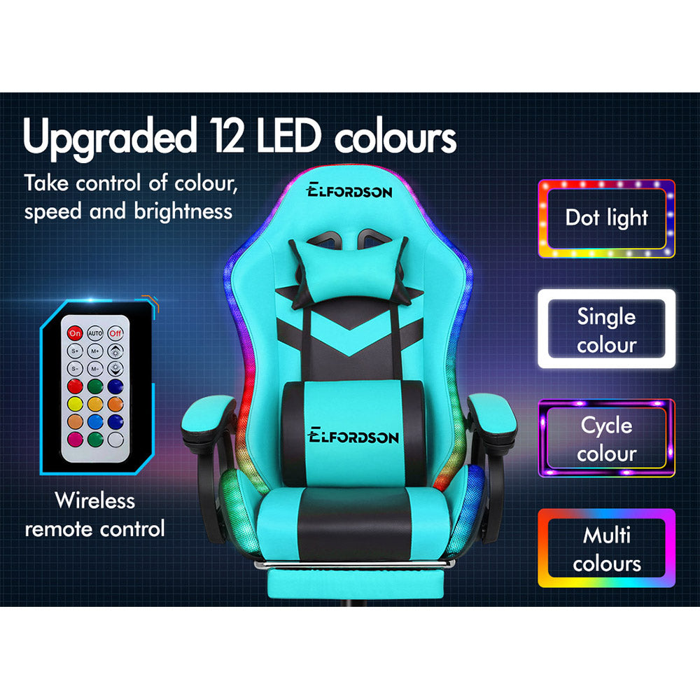 ELFORDSON Gaming Chair with RGB LED Light 8-Point Massage, Cyan & Black