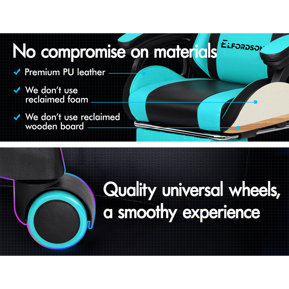 ELFORDSON Gaming Chair with RGB LED Light 8-Point Massage, Cyan & Black