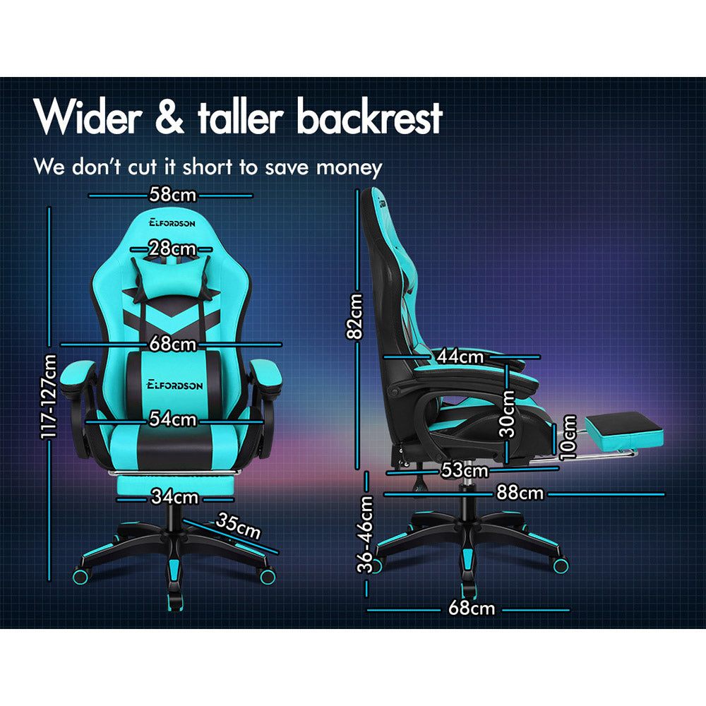 ELFORDSON Gaming Chair with RGB LED Light 8-Point Massage, Cyan & Black