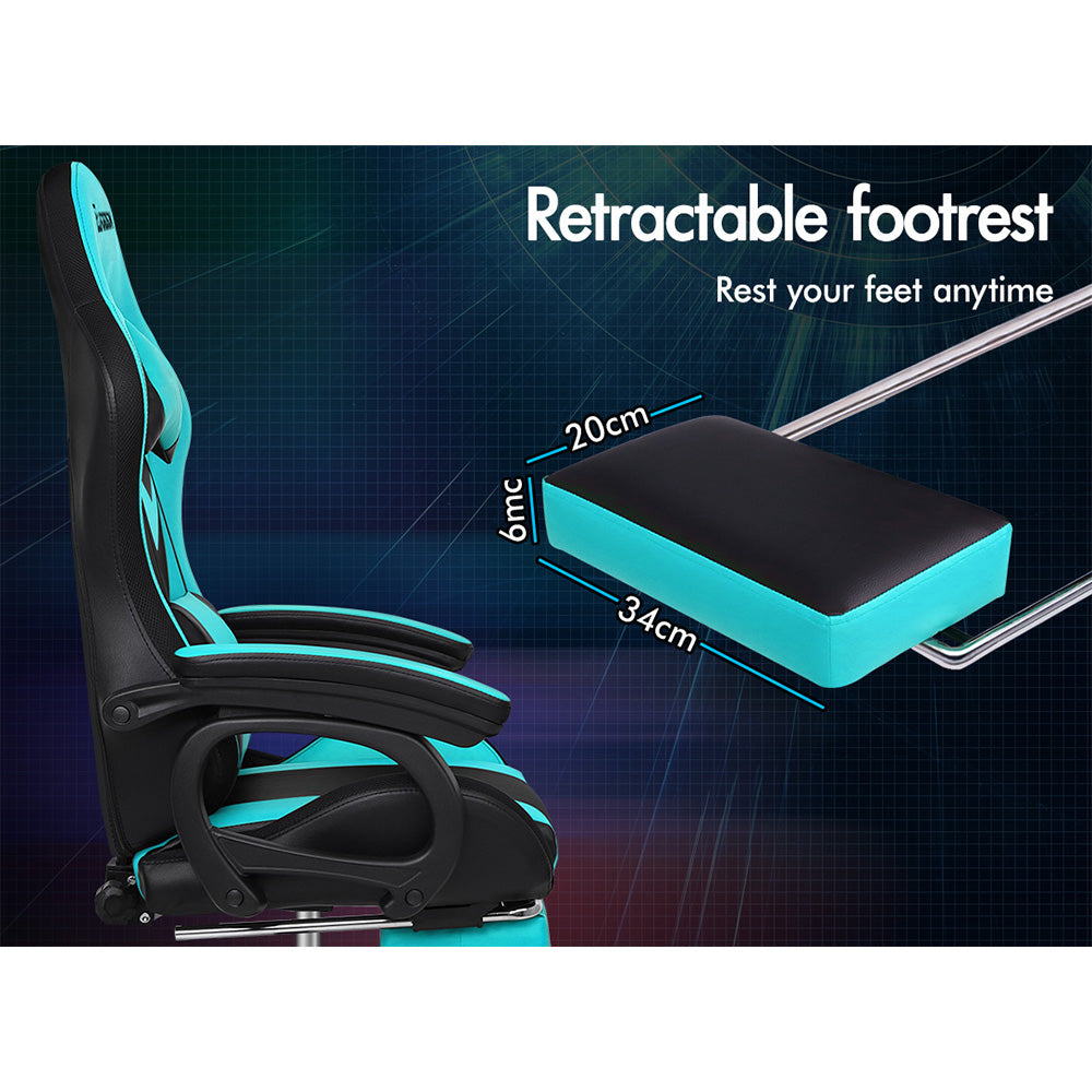 ELFORDSON Gaming Chair with RGB LED Light 8-Point Massage, Cyan & Black