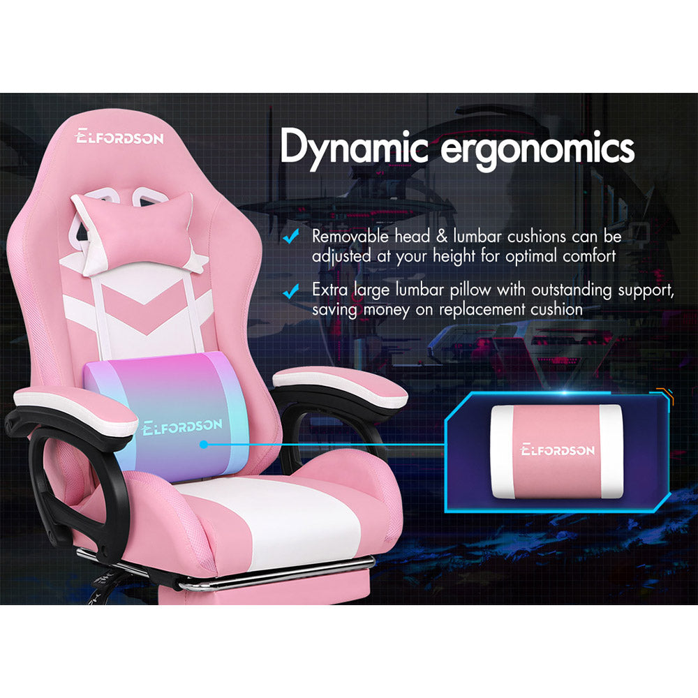 ELFORDSON Gaming Chair with RGB LED Light 8-Point Massage, Pink & White