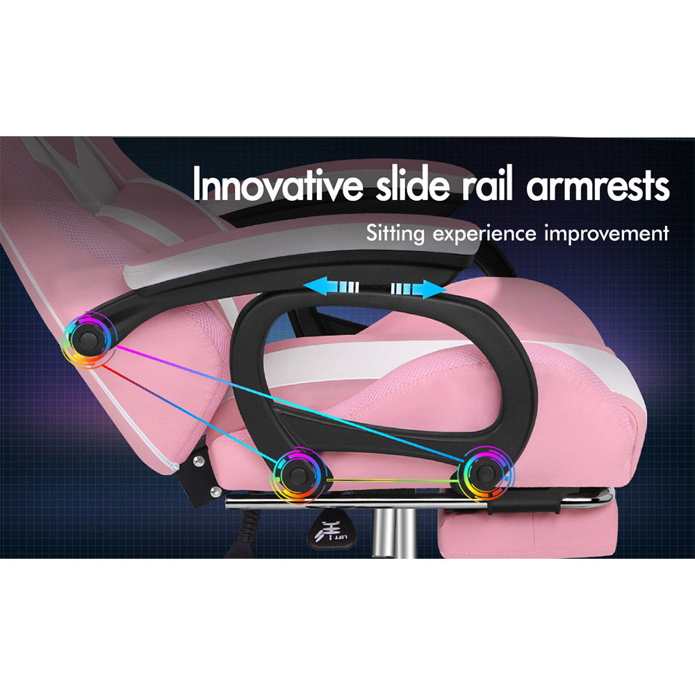ELFORDSON Gaming Chair with RGB LED Light 8-Point Massage, Pink & White