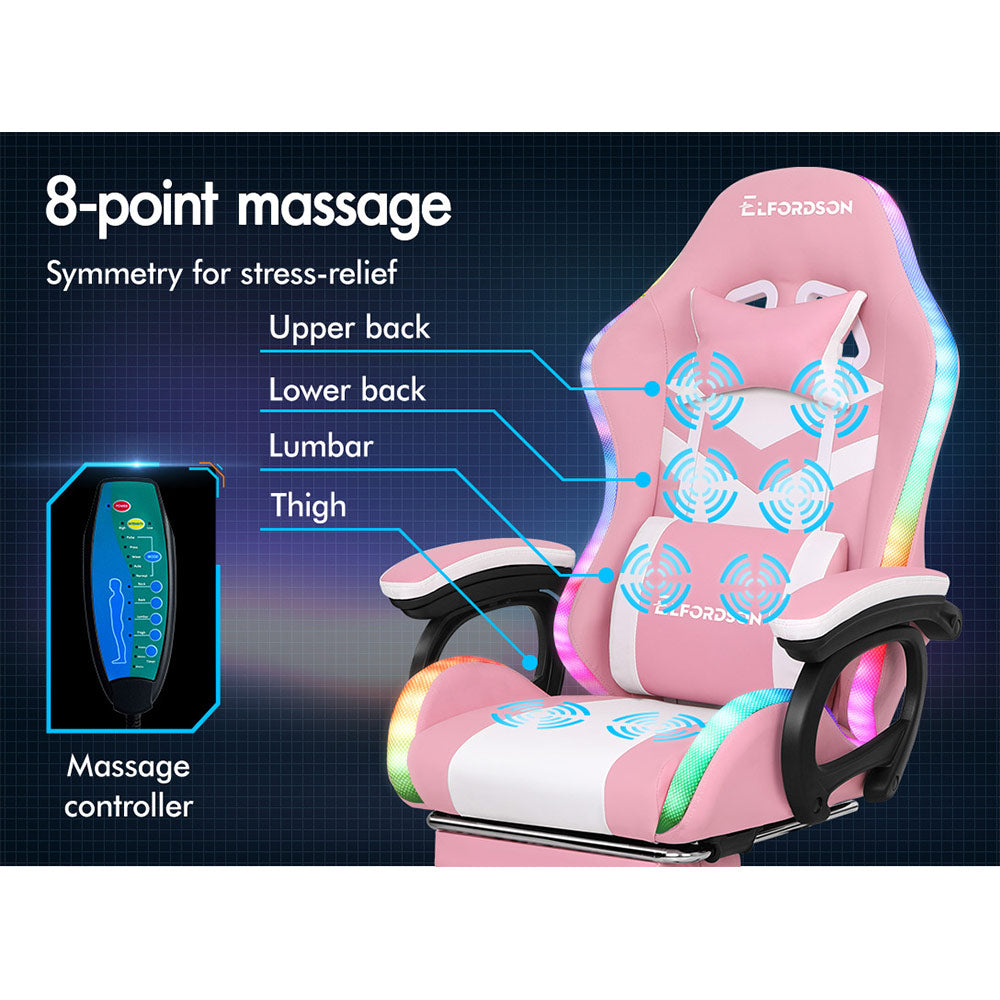 ELFORDSON Gaming Chair with RGB LED Light 8-Point Massage, Pink & White