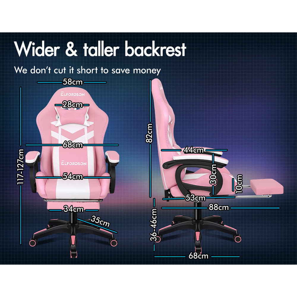 ELFORDSON Gaming Chair with RGB LED Light 8-Point Massage, Pink & White