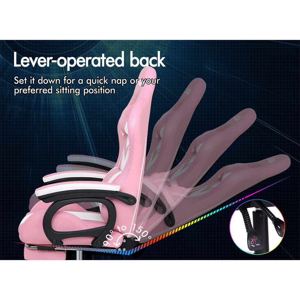 ELFORDSON Gaming Chair with RGB LED Light 8-Point Massage, Pink & White