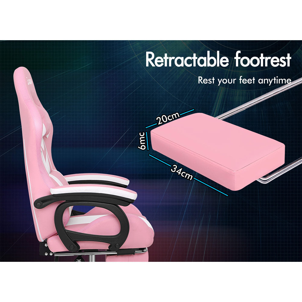 ELFORDSON Gaming Chair with RGB LED Light 8-Point Massage, Pink & White