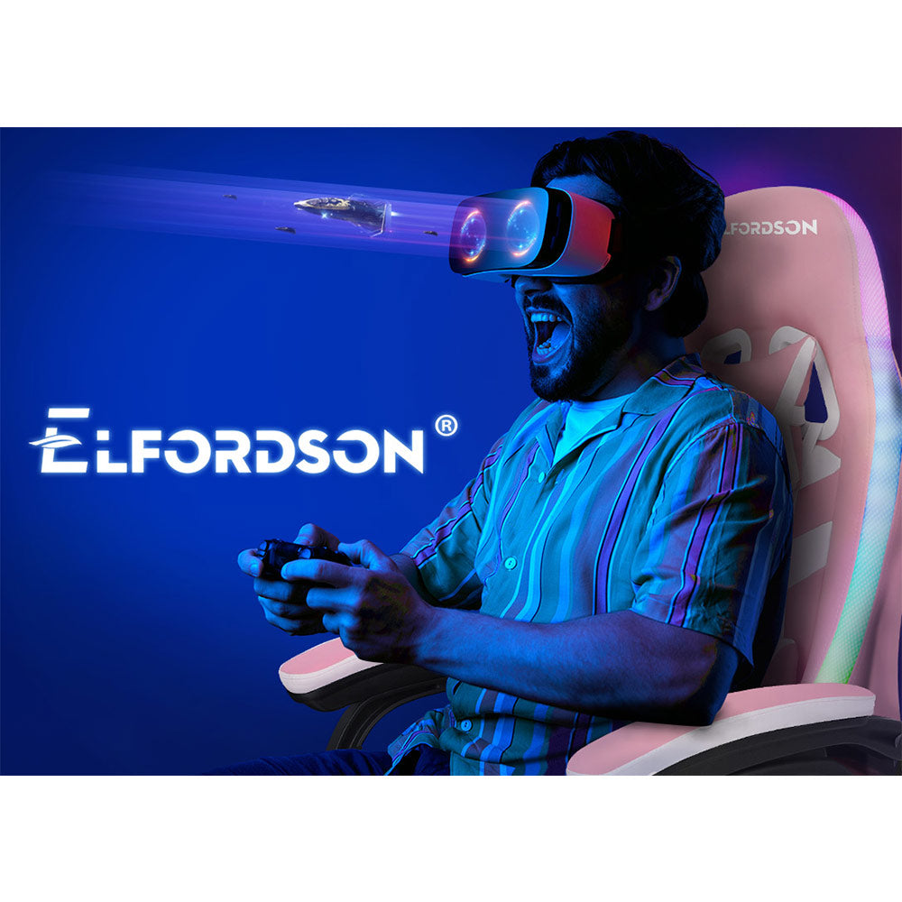 ELFORDSON Gaming Chair with RGB LED Light 8-Point Massage, Pink & White