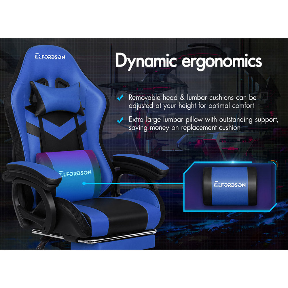 ELFORDSON Gaming Chair with RGB LED Light 8-Point Massage, Blue & Black