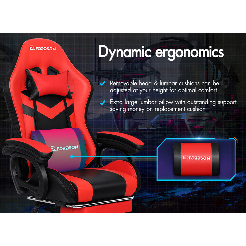 ELFORDSON Gaming Chair with RGB LED Light 8-Point Massage, Red & Black