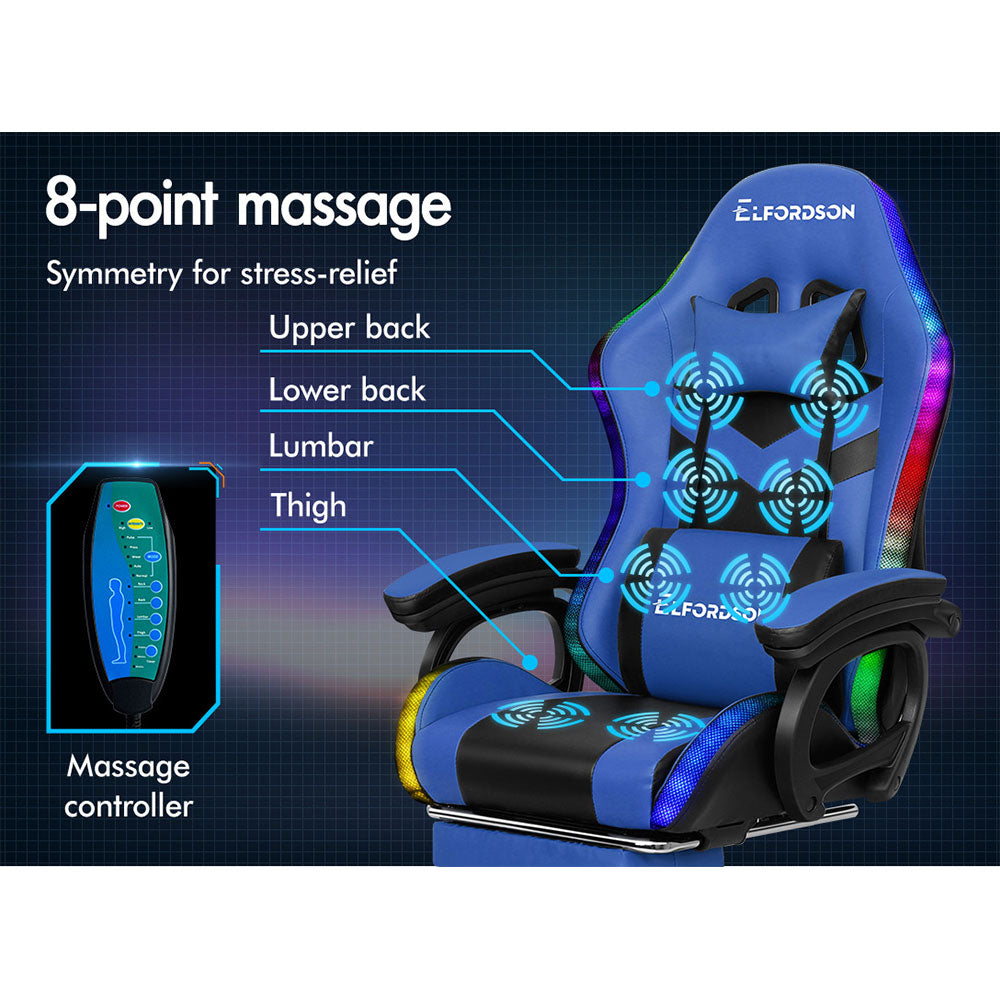 ELFORDSON Gaming Chair with RGB LED Light 8-Point Massage, Blue & Black
