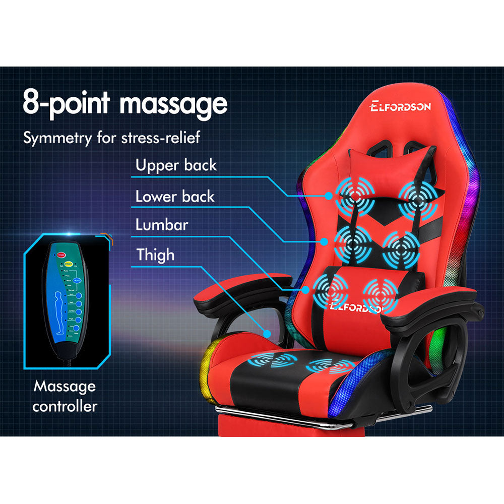 ELFORDSON Gaming Chair with RGB LED Light 8-Point Massage, Red & Black