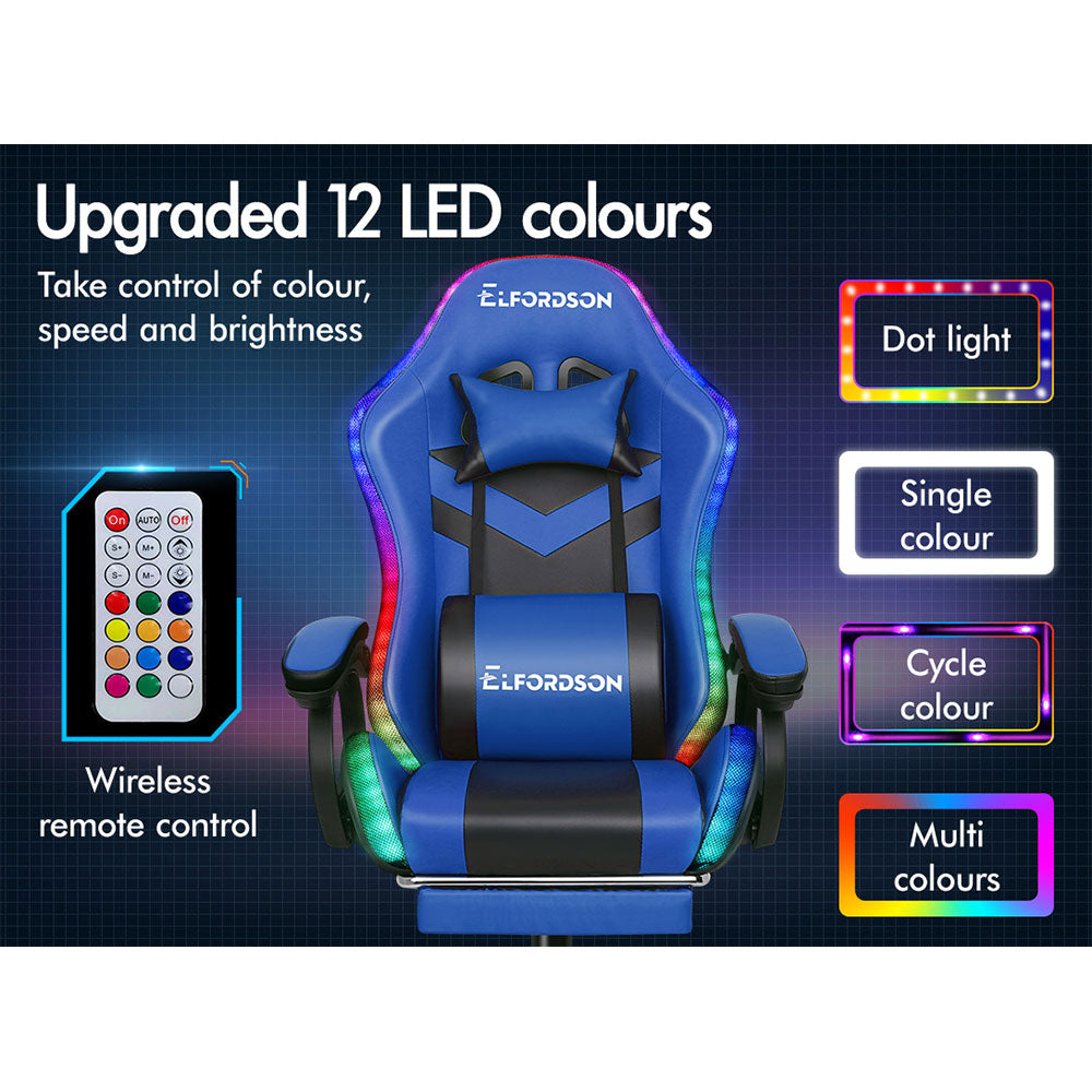 ELFORDSON Gaming Chair with RGB LED Light 8-Point Massage, Blue & Black