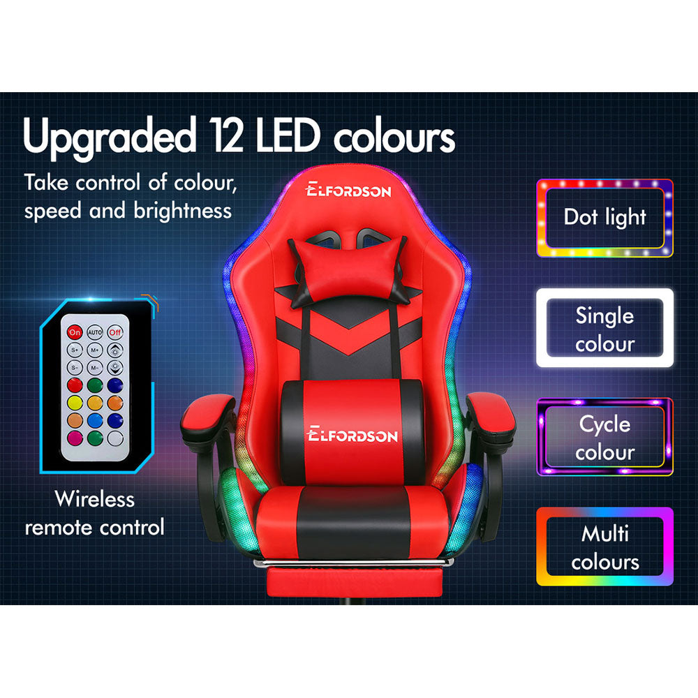 ELFORDSON Gaming Chair with RGB LED Light 8-Point Massage, Red & Black
