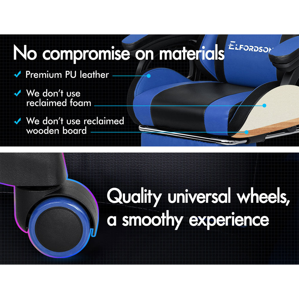 ELFORDSON Gaming Chair with RGB LED Light 8-Point Massage, Blue & Black