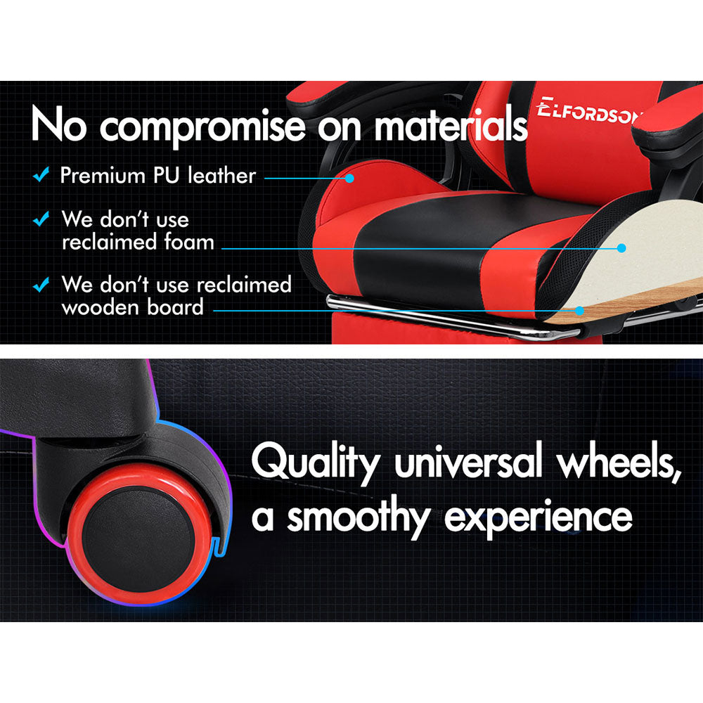 ELFORDSON Gaming Chair with RGB LED Light 8-Point Massage, Red & Black
